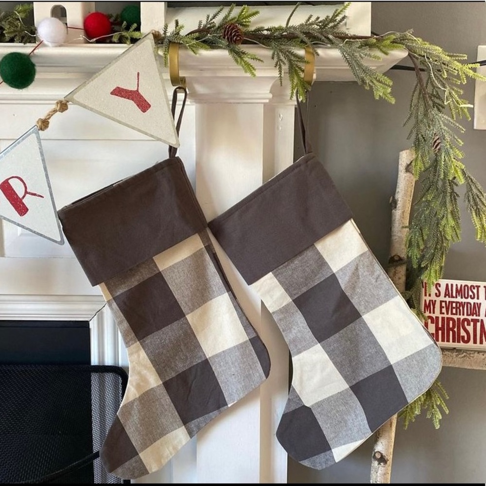 Gray gingham Christmas stockings set of 2